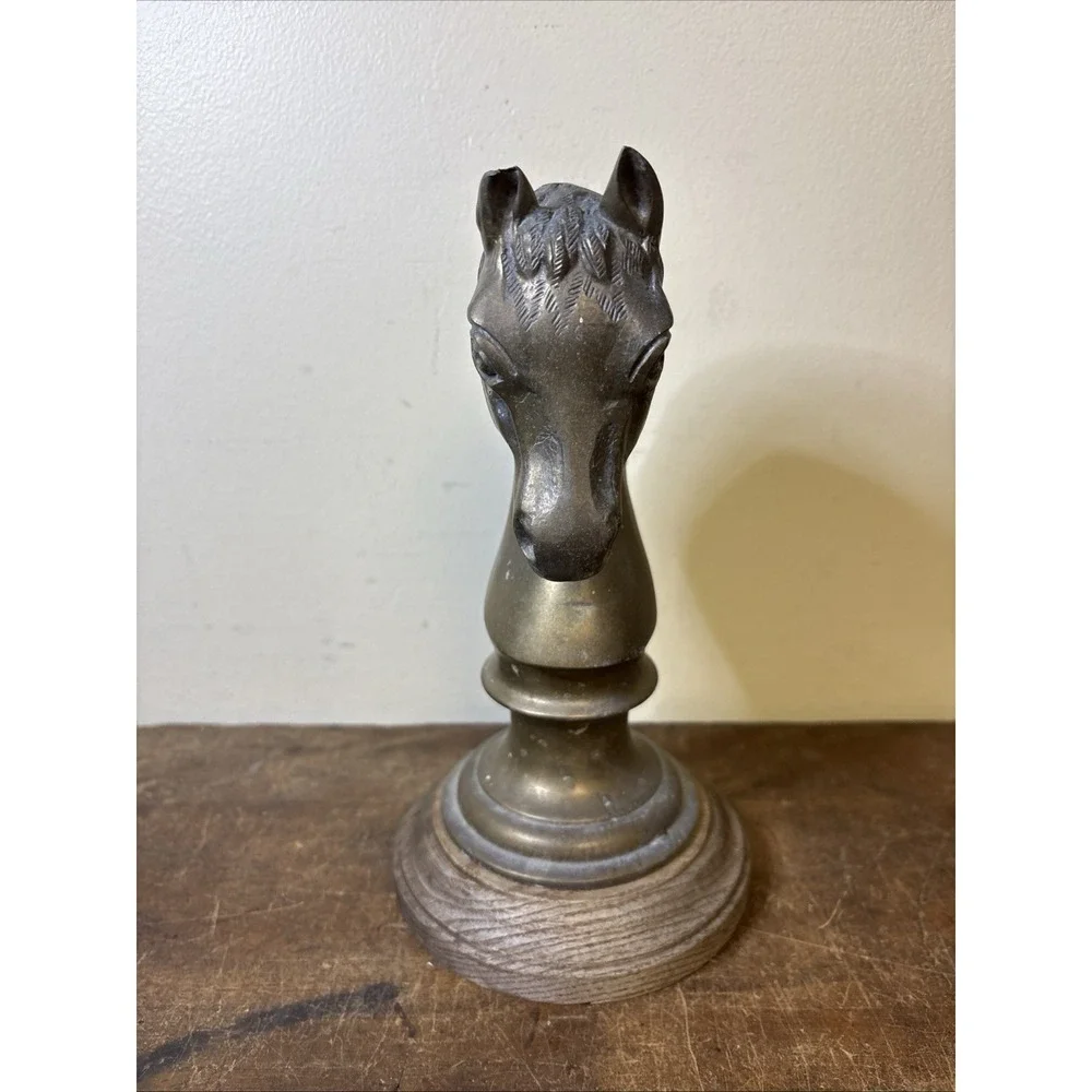 Brass Horse Head Figurine Bust Sculpture Display on Wood Base - AS IS